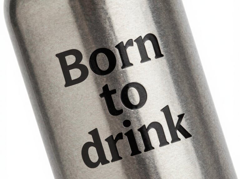 Stainless steel reusable water bottle with Born to Drink engraved text.