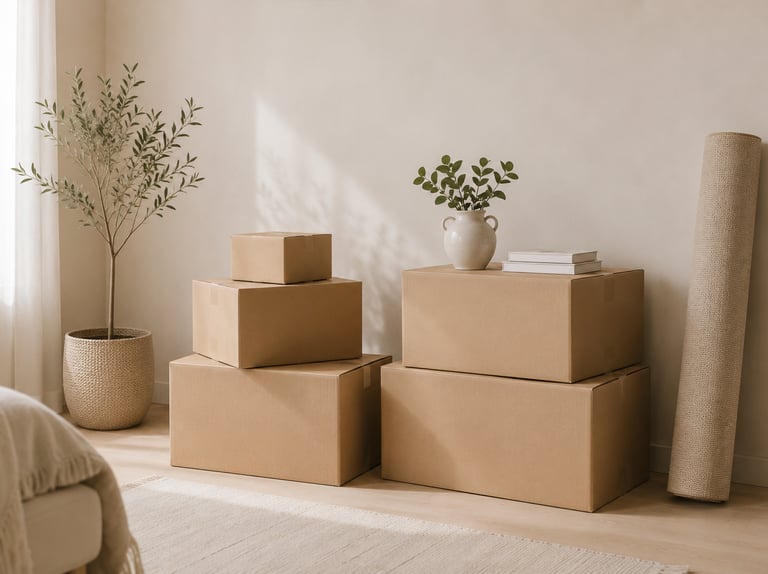 Organized moving boxes in a modern home