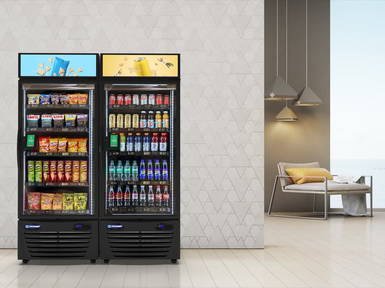 a refrigerator with a large display of drinks and beverages