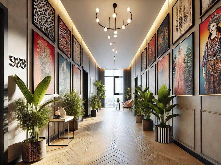 Corredor decorado com quadros coloridos nas paredes, plantas e iluminação suave, criando um ambiente