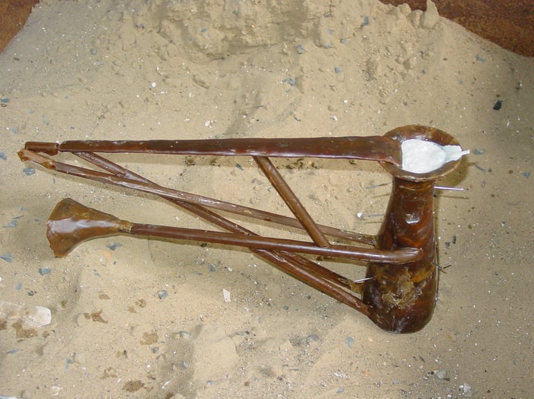 the wax carafe fillled with plaster in the sand bed ready for encasement