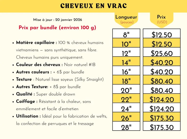 Cheveux en vrac price list