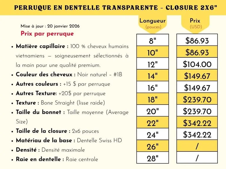 Perruque en dentelle Transparente Closure 2x6" price list