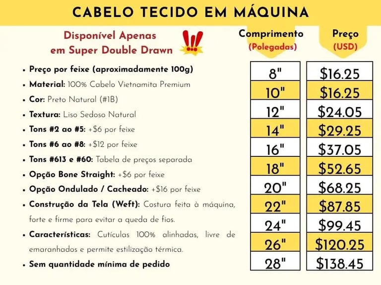 Tabela de Preços de Tuchos de Cabelo Tecido (Wefted Hair Bundles) Vietnam Hair