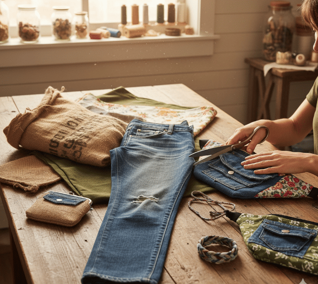 un jean, du tissu, des sacs banane sur une table, la couturiere va découper le tissu