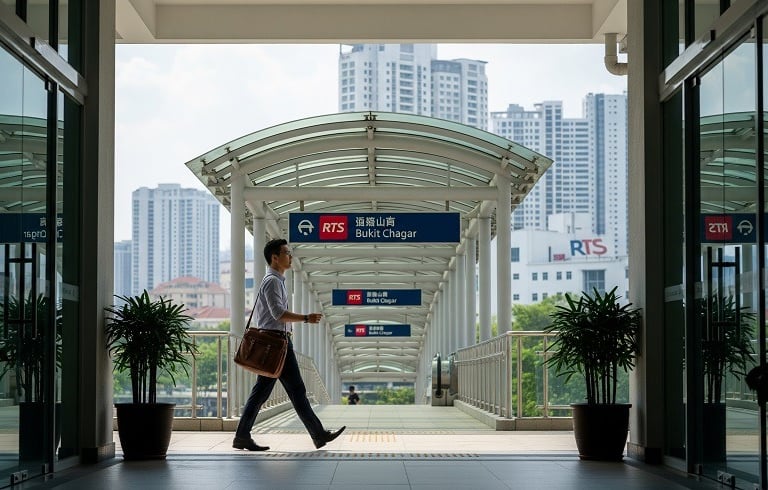 A man walking on an elevated covered walkway toward the RTS Bukit Chagar station entrance