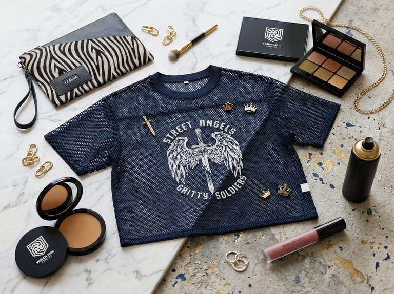 A flat lay of cosmetic products including makeup, brushes, and a "Street Angels Gritty Soldiers" mesh crop top on a marble