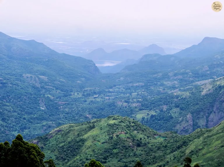 Panoramic view of hills and valleys from Palani Temple Viewpoint, Kodaikanal.