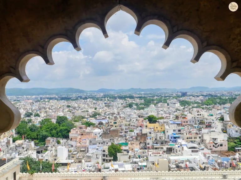 Udaipur town panorama captured from the high terrace of Badi Mahal in Udaipur City Palace.