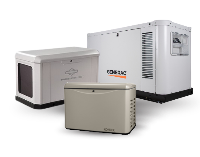 Picture showing a Briggs & Stratton, Kohler and a Generac Home Standby Generators