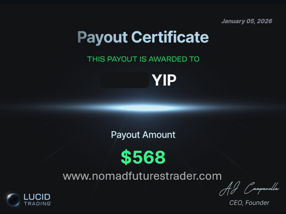 Lucid Trading Prop Firm Payout Certifcate for Nomad Futures Trader