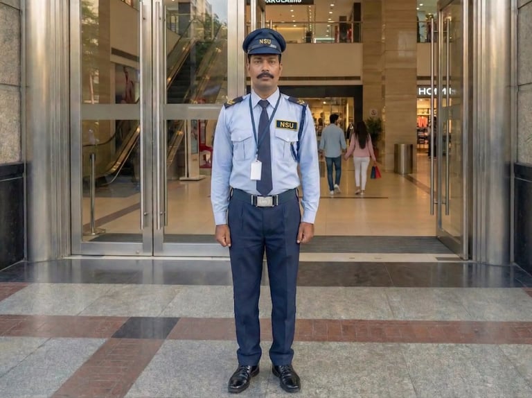 Experienced security guard at the main gate of a mall in Delhi