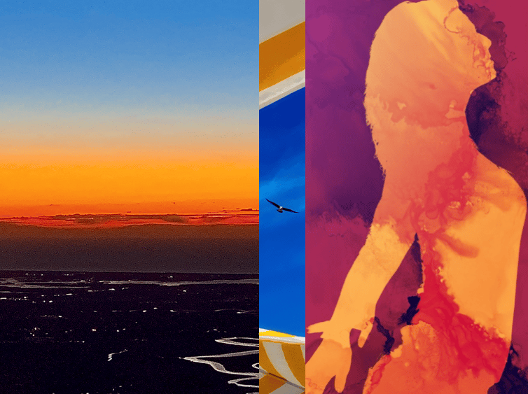 a woman in a bikinisuit and a bird in the sky