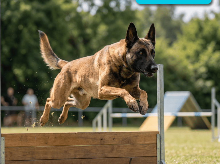 Sportlicher Schäferhund springt voller Energie über Hürde.