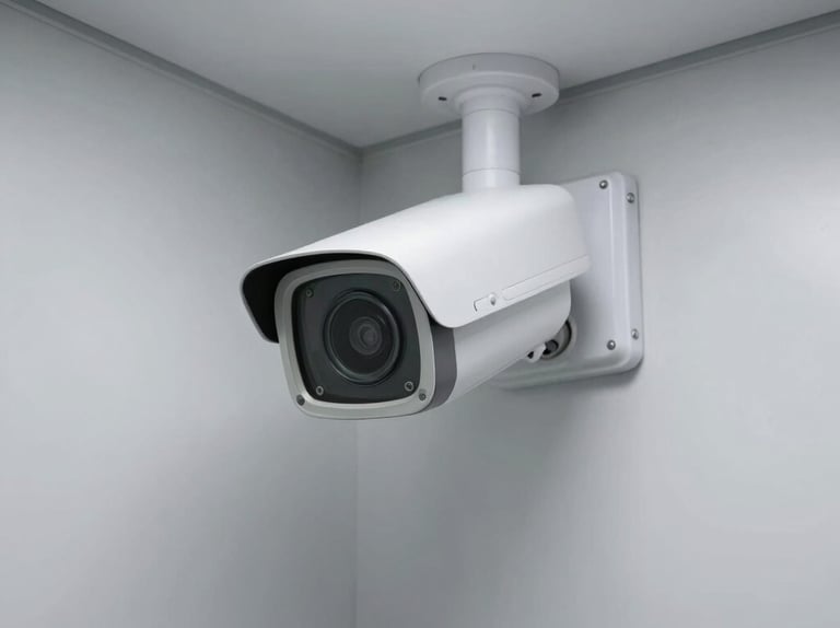 Secure entrance gate with digital access card reader, clear CCTV camera visible, modern and robust, warm editorial photography, natural window daylight.