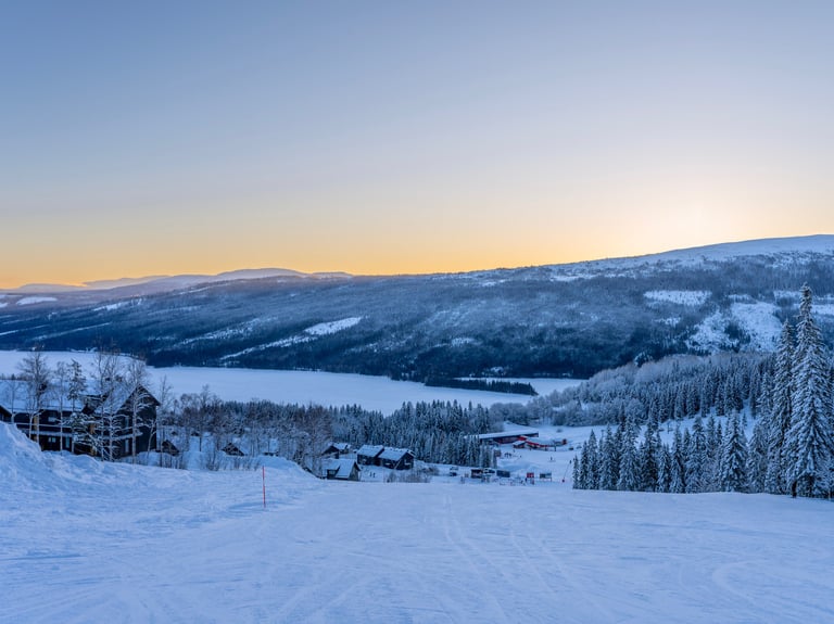 view of a snowy landscape on a piste during sunset