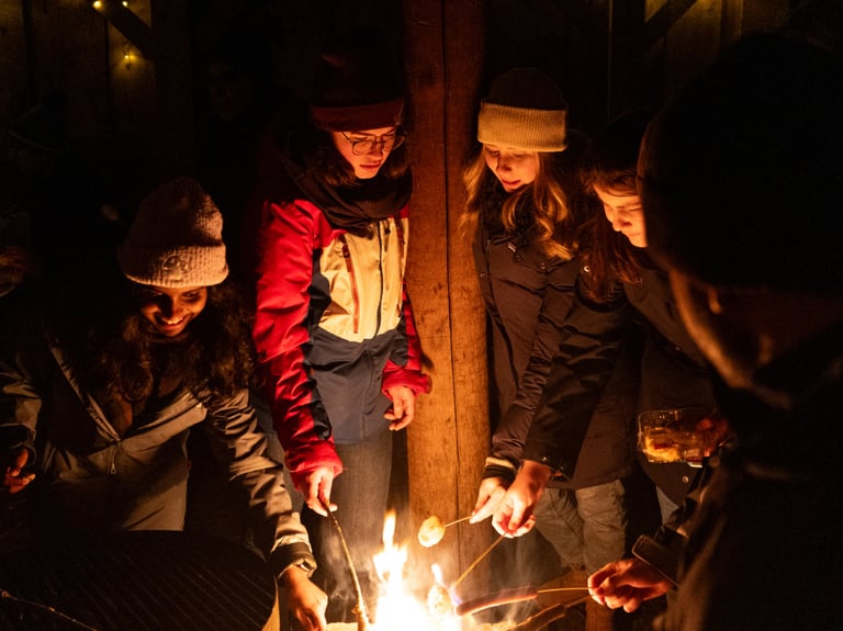 a group of people standing around a bonfire
