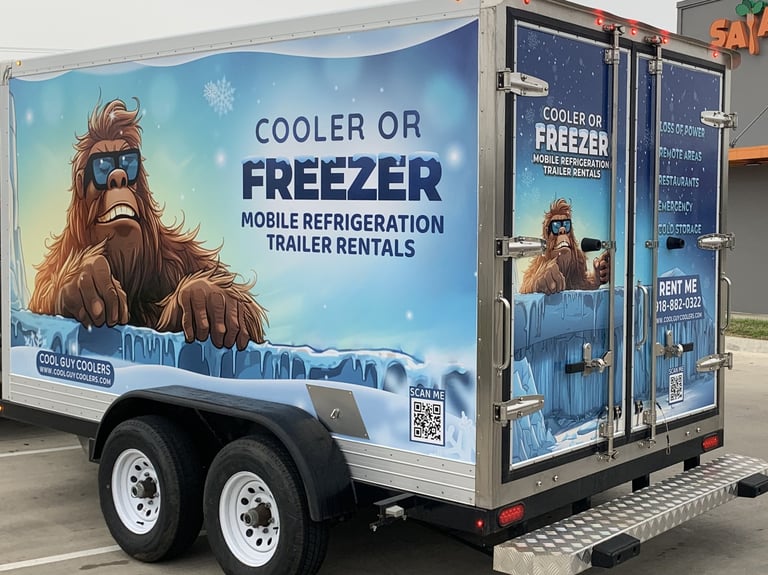 Picture of the mobile refrigerated trailer outside of a restaurant..