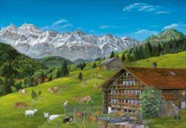 a painting of a farm scene with a barn and a mountain range
