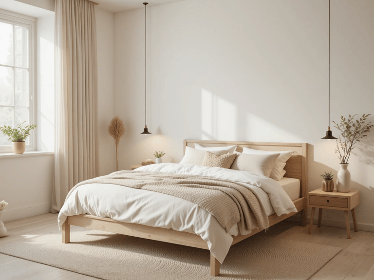 Dormitorio minimalista cálido con paredes en blanco roto, cama de madera clara y decoración sencilla