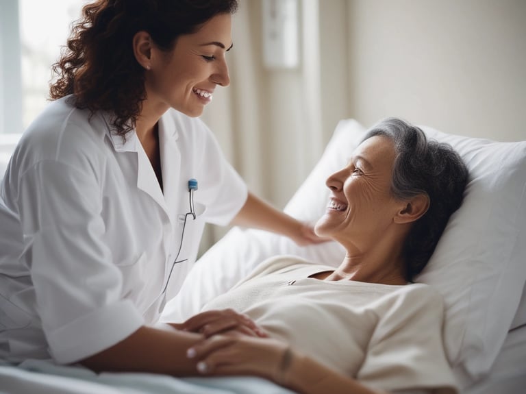 A friendly caregiver sharing a joyful moment with an elderly woman in a cozy living room.