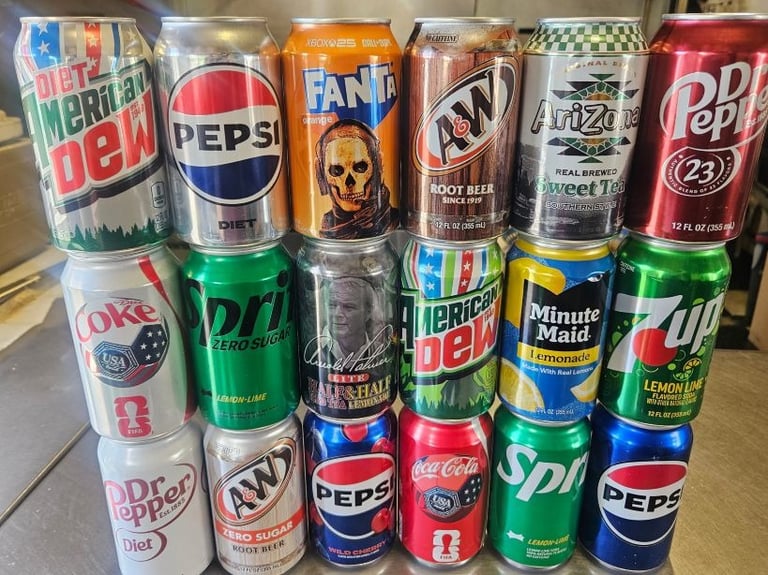 Various soda flavors to choose from, stacked together