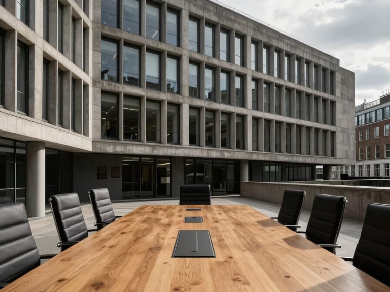 Extreme wide-angle architectural shot of a brutalist corporate boardroom in London, overcast daylight casting sharp shadows on a heavy oak table, minimalist and authoritative.