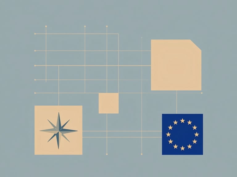 A minimalist network diagram icon featuring interconnected blue and yellow circles representing a data hub.
