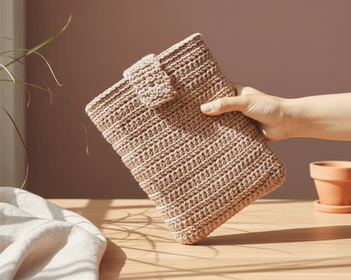 funda crochet para libros color camel, tejida a gancho por kaalm mx