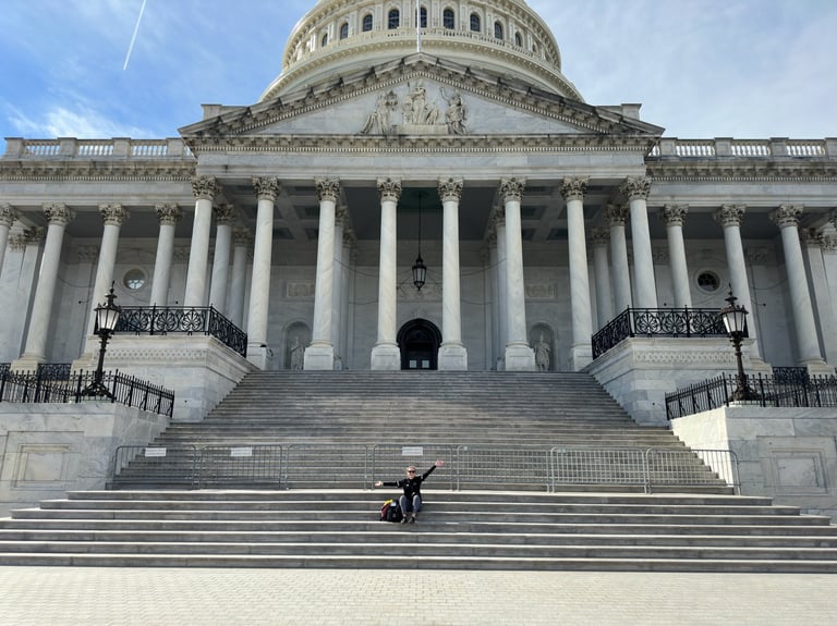The United States capital building with a lady in front
