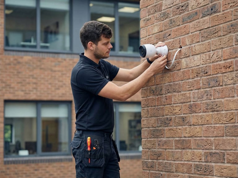 Foto van een netwerkmonteur die een camera van unifi installeert. 