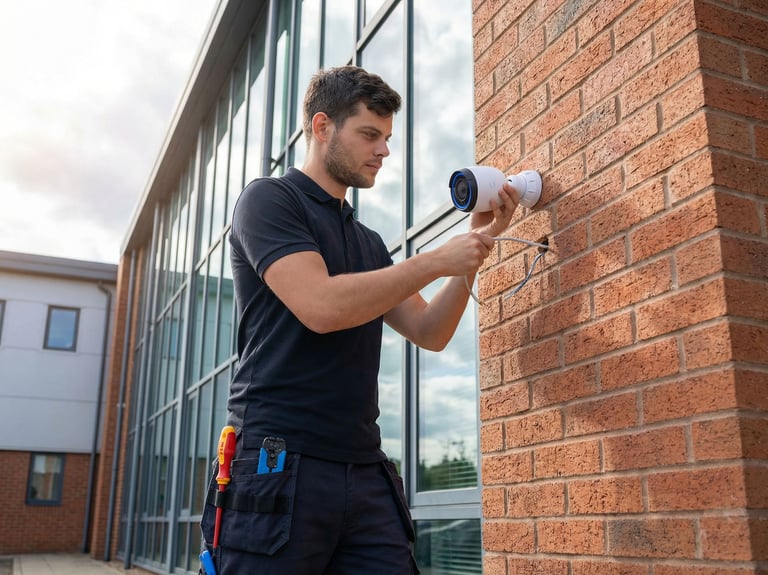 Foto van een monteur (denetwerkmonteur) die een UTP kabel doorvoert voor de installatie van een PoE Camera van Unifi. 