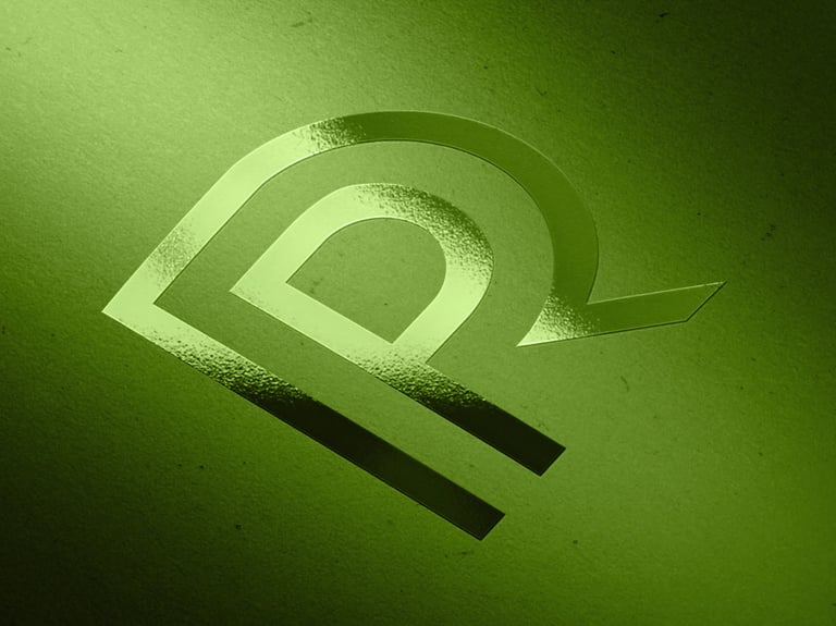 Logotipo metálico verde em relevo, formando as letras “P” e “R” entrelaçadas de maneira abstrata.