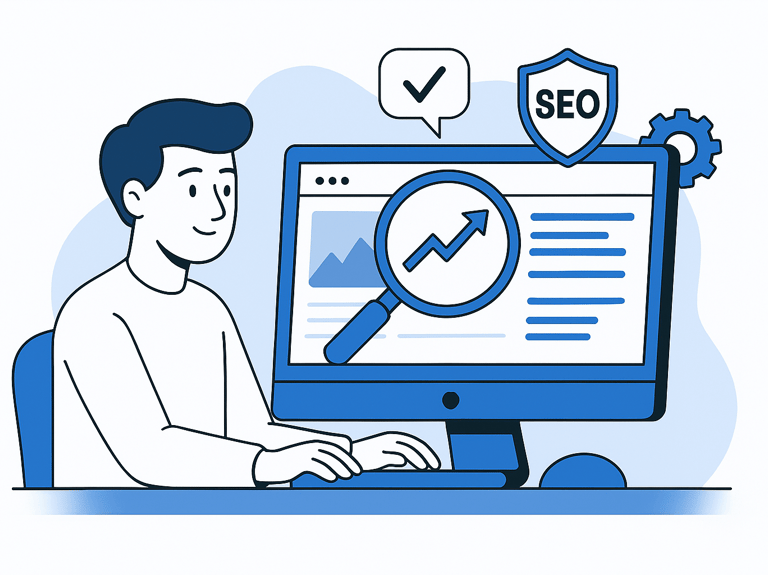 Homme avec un ordinateur améliorant le référencement d'un site web