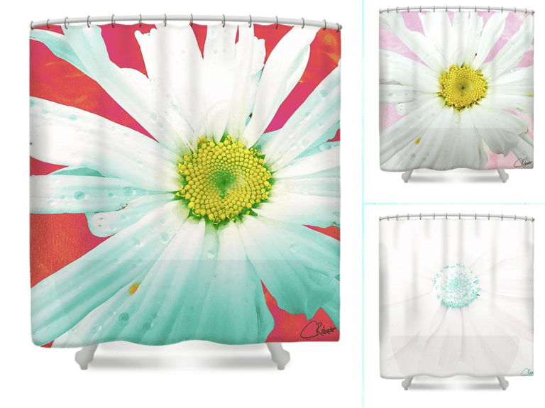 3 Shower Curtains with an artistic digital images of a Daisy flower close up. 