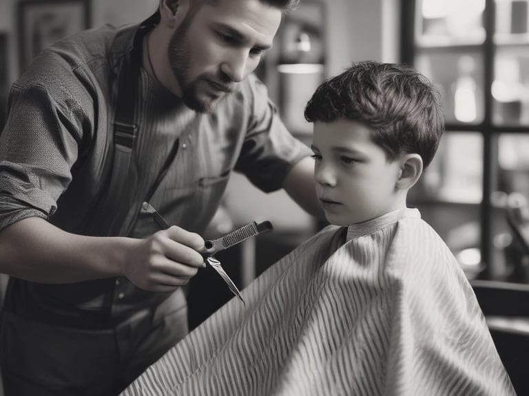 A stylish barber shop interior with modern decor and grooming stations.