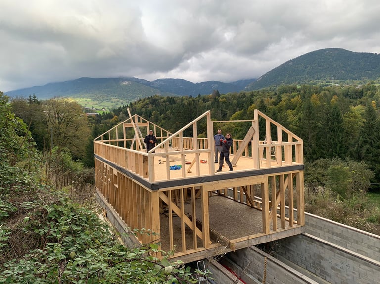 Photo de chantier autoconstruction maison ossature bois en Savoie