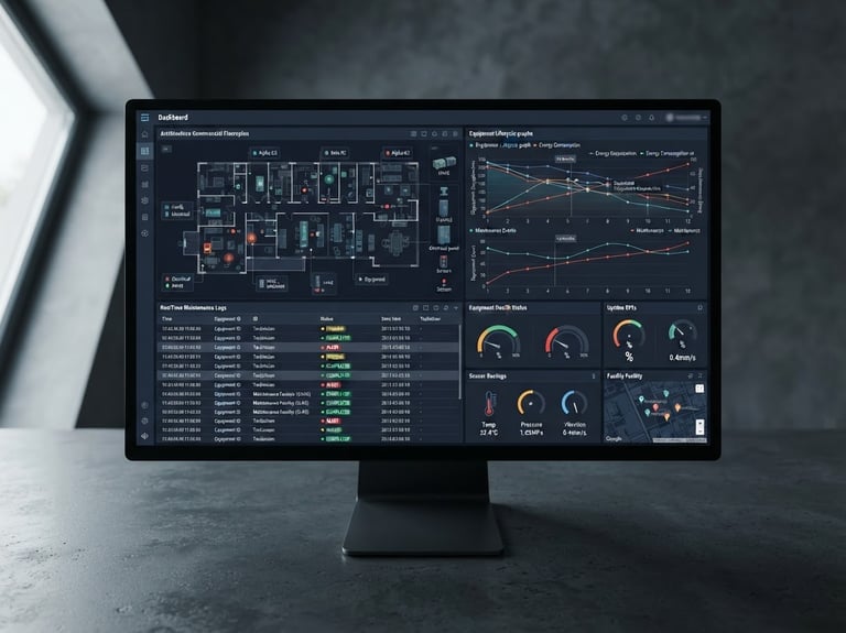 Overhead flat-lay digital interface mockup of the VELLUMHUE asset performance dashboard, showcasing high-fidelity equipment lifecycle graphs, real-time maintenance logs, and architectural floorplans, deep navy and slate gray tones, sharp technical UI design, cinematic lighting.