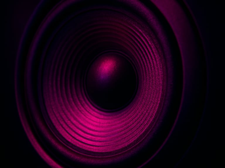 Tight macro shot of a speaker cone vibrating with sound, deep shadows, magenta LED glow, 35mm lens
