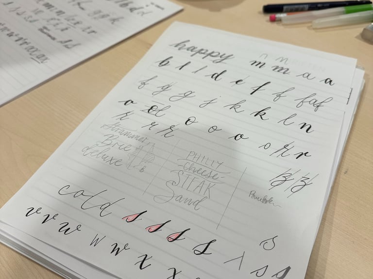 Cursive calligraphy practice sheet on a desk with a coffee cup and lettering pens.