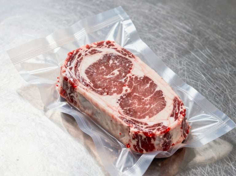 Crisp vertical portrait of a premium raw ribeye steak inside heavy vacuum-sealed clear packaging, lying on a spotless stainless steel processing table, bright clinical lighting, sharp focus