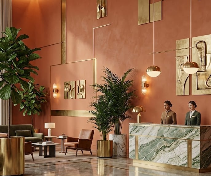 Luxury hotel lobby with green marble reception desk, plastered walls