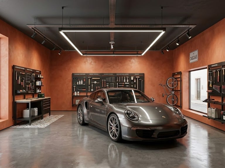 Modern garage, plastered walls, and organized shelves for storing tools.