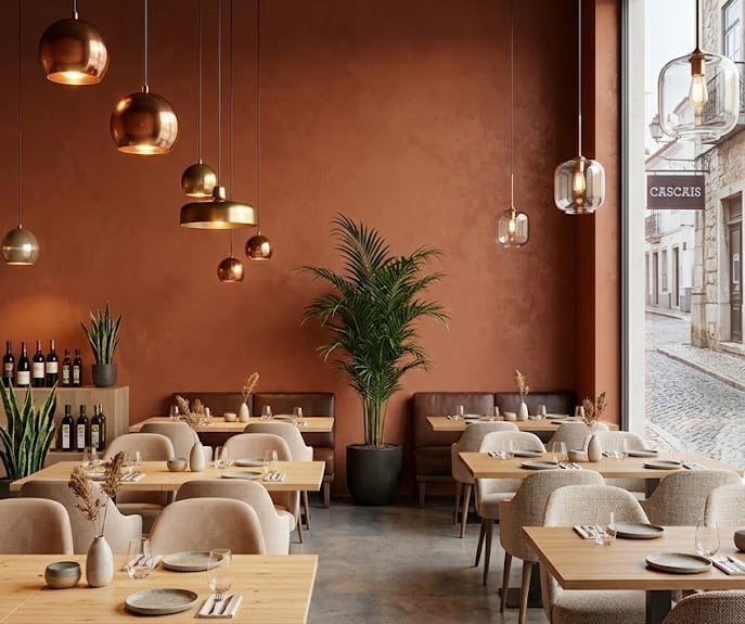 Modern restaurant interior with plastered walls, stylish pendant lighting, and minimalist wooden tab