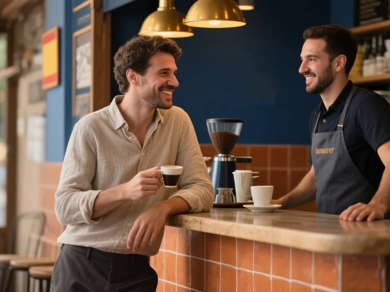 Two men smiling and talking at a cafe counter, representing friendly Spanish conversation