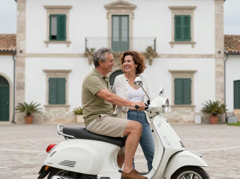 A smiling couple posing in front of a rustic Mediterranean villa with white walls and green shutters.