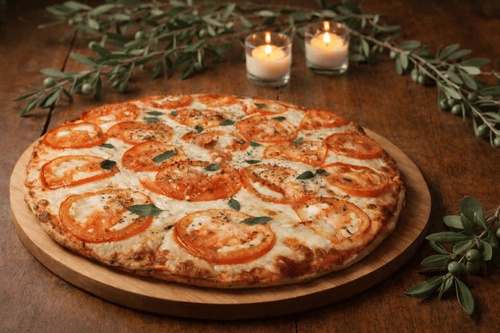 Pizza Margarita de masa fina recién horneada con rodajas de tomate y albahaca sobre una tabla de ma