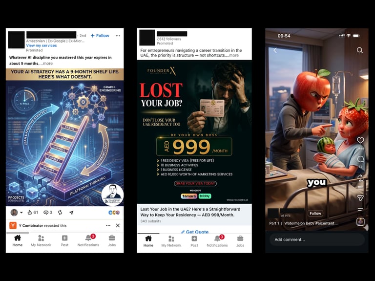Collage of social media mobile ads including AI strategy diagrams and UAE residency visa services.