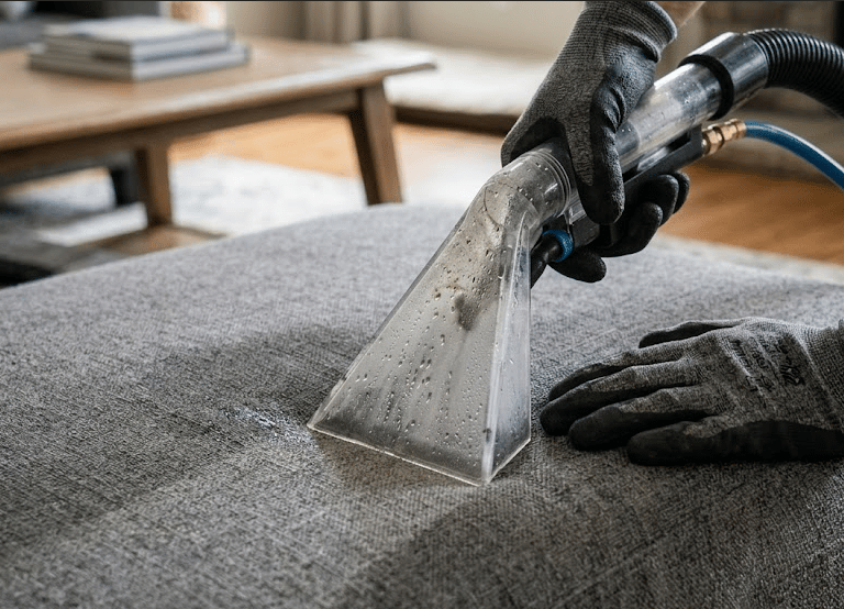 Professional upholstery cleaner using a steam vacuum tool to deep clean a grey fabric ottoman.