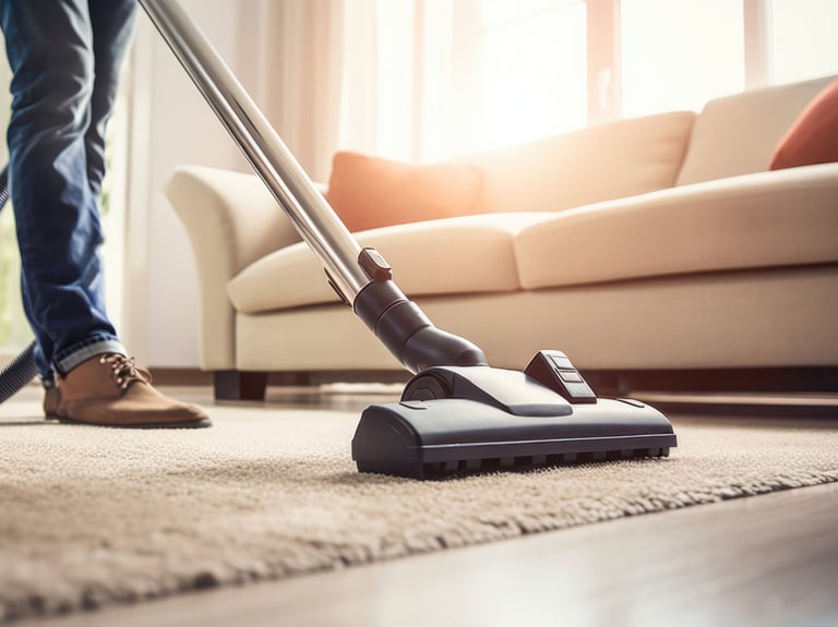 A person using a vacuum cleaner to deep clean a plush beige rug in a sunlit living room.